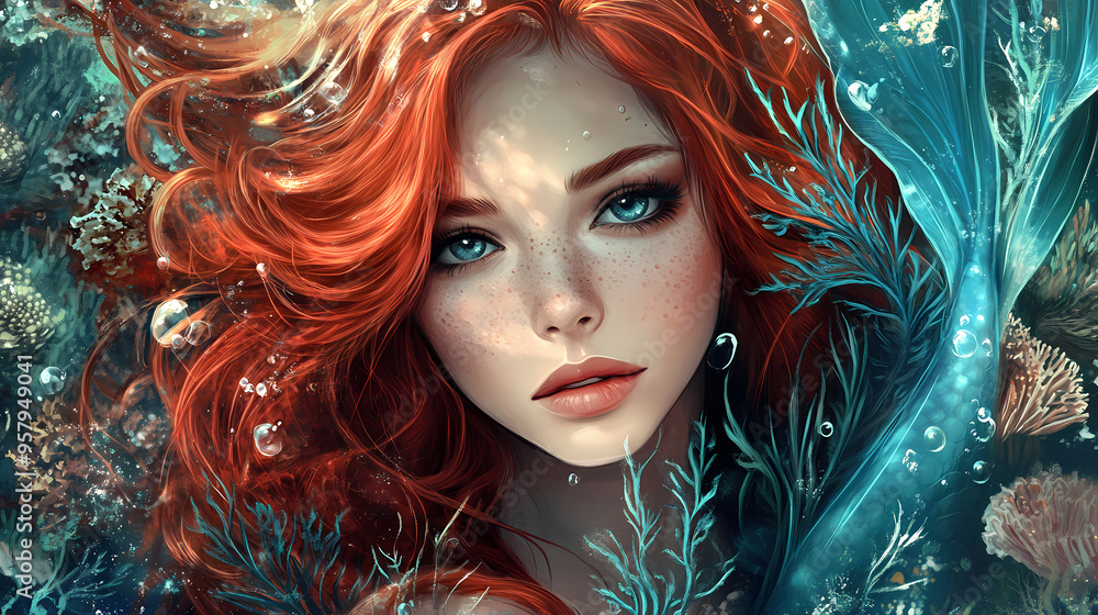 Illustration of a beautiful redhead mermaid girl portrait with blue fish tail. corals and seaweeds in the background. generative ai illustration of a fictional woman. Mermaid. Illustration Illustration of a beautiful redhead mermaid girl portrait with blue fish tail. corals and seaweeds in the background. generative ai illustration of a fictional woman. Mermaid. Illustration