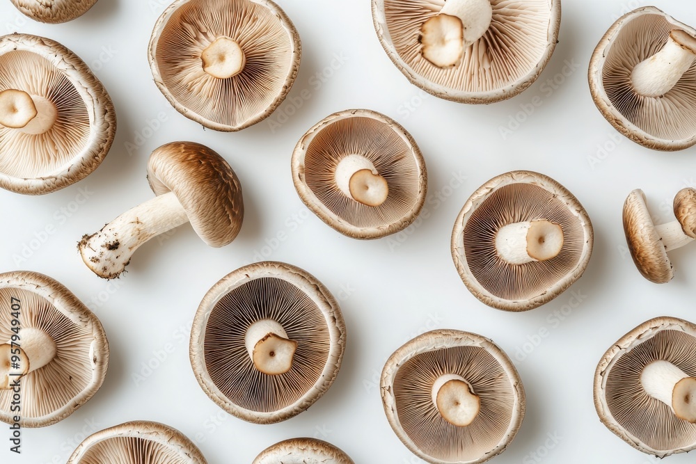 A group of mushroom caps scattered across a white background, with their gills prominently A group of mushroom caps scattered across a white background, with their gills prominently
