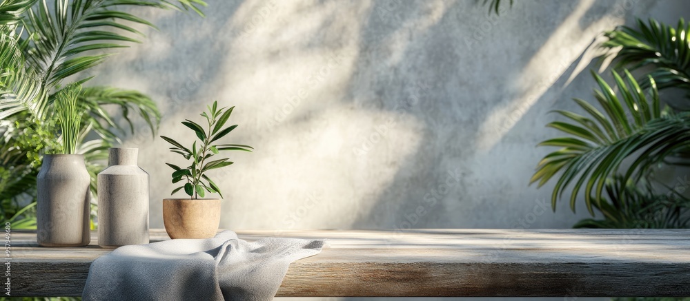 3D rendering of a natural wooden table with organic cloth and an olive tree plant Product placement mockup design background featuring a rustic vintage countertop in a tropical summer setting 3D rendering of a natural wooden table with organic cloth and an olive tree plant Product placement mockup design background featuring a rustic vintage countertop in a tropical summer setting
