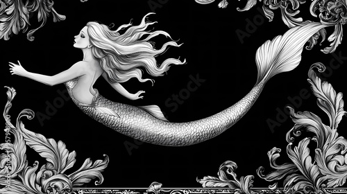 Mermaid border baroq cont on black work not expand. Mermaid. Illustration photo