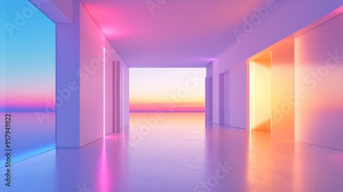 3D rendering of an abstract architectural interior featuring smooth white surfaces and minimalist design complemented by a color gradient neon lighting scheme