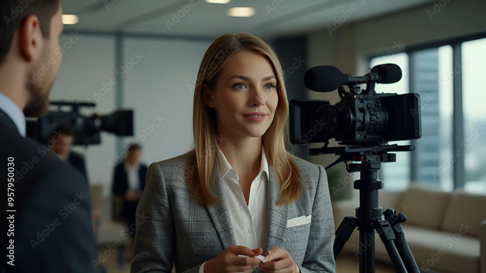 Business Spotlight: Camera on tripod catching a focused interview between a female reporter and an entrepreneur sharing his success story on air.4K Business Spotlight: Camera on tripod catching a focused interview between a female reporter and an entrepreneur sharing his success story on air.4K
