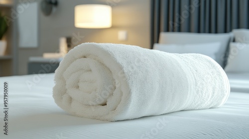 3D rendering of a clean white towel on a bed in a bedroom interior