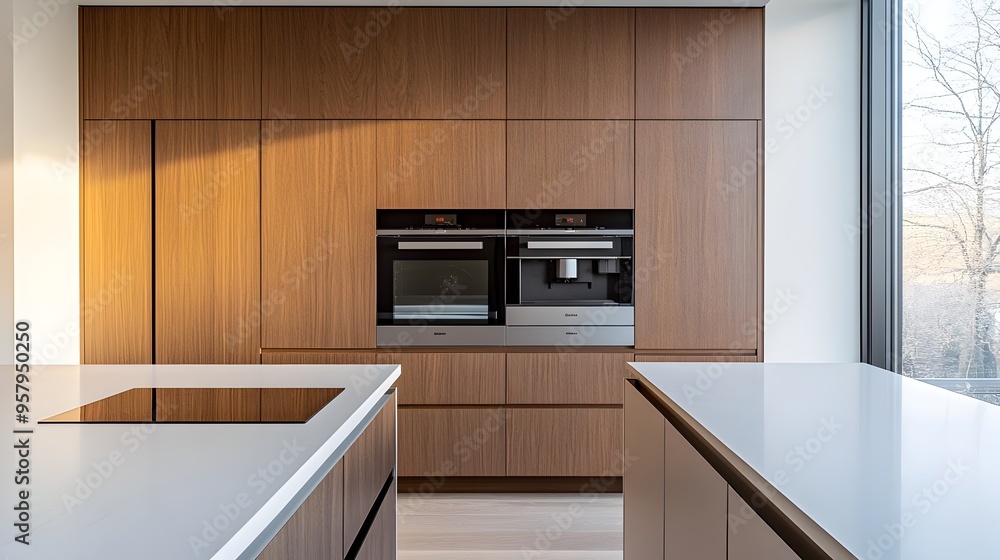 Fototapeta premium Sleek and Minimal Modern Kitchen with Built-In Oven and Sophisticated Design