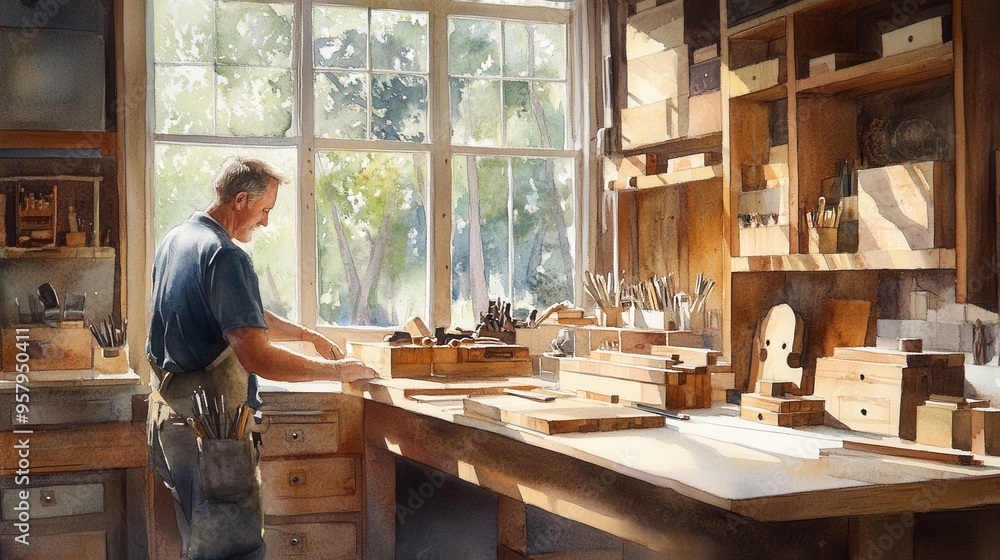 Master Woodworker Creating Custom Furniture in Sunlit Workshop with Watercolor Effect, Emphasizing Craftsmanship and Natural Wood Textures Master Woodworker Creating Custom Furniture in Sunlit Workshop with Watercolor Effect, Emphasizing Craftsmanship and Natural Wood Textures