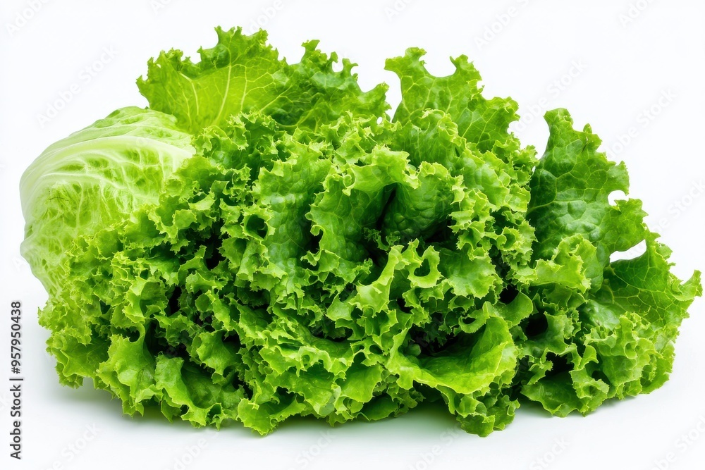 A large, crisp head of fresh green lettuce isolated against a white background. The vibrant gree A large, crisp head of fresh green lettuce isolated against a white background. The vibrant gree