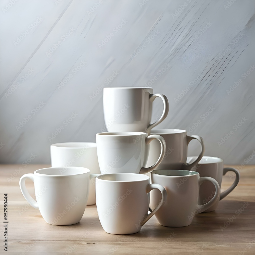A group of white coffee mugs arranged in a pyramid shape on a wooden table. A group of white coffee mugs arranged in a pyramid shape on a wooden table.