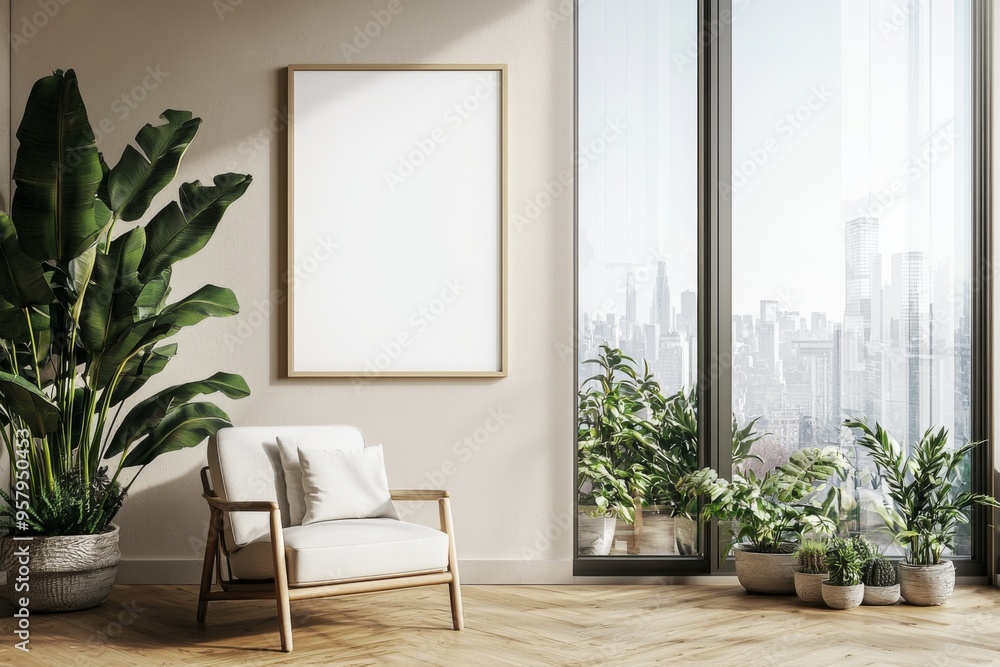 Poster Frame in Beige minimalist living room interior created with generative AI Poster Frame in Beige minimalist living room interior created with generative AI
