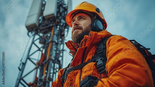 Telecommunication engineer is standing near a cellular tower mast and looking away photo