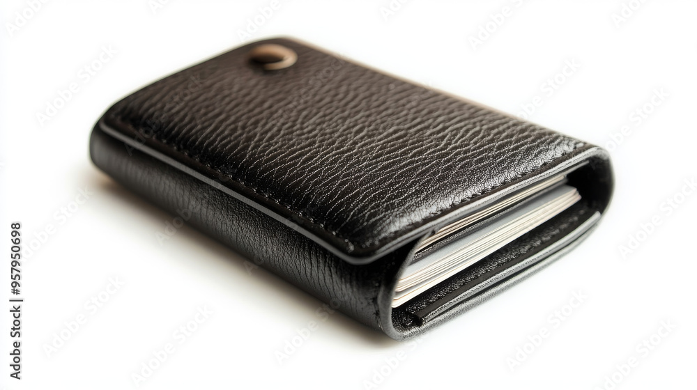 Black leather wallet isolated against a white background. Mock-up for branding purposes Black leather wallet isolated against a white background. Mock-up for branding purposes