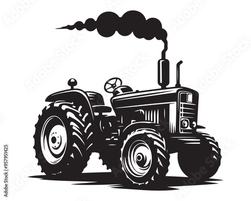 A tractor Vector black clipart isolated on a white background, A farm Tractor Silhouette
