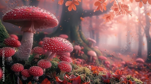 Red mushrooms in the fey wild. Pink leaves on trees, pale green grass. Generative AI.