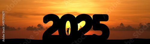 Concept Happy new year Silhouette 2025, Template for advertising, web, social of 2025 with engineer standing by to supervise the work on blue sky background.