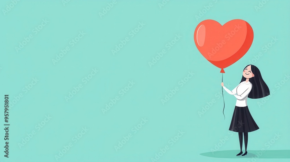 Person holding a heart-shaped balloon, beaming smile, flat design illustration Person holding a heart-shaped balloon, beaming smile, flat design illustration