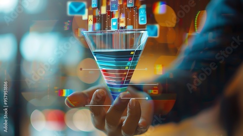 Person holding a digital marketing funnel with icons of digital marketing elements for the Concept of converting sales process prospects into customers. photo