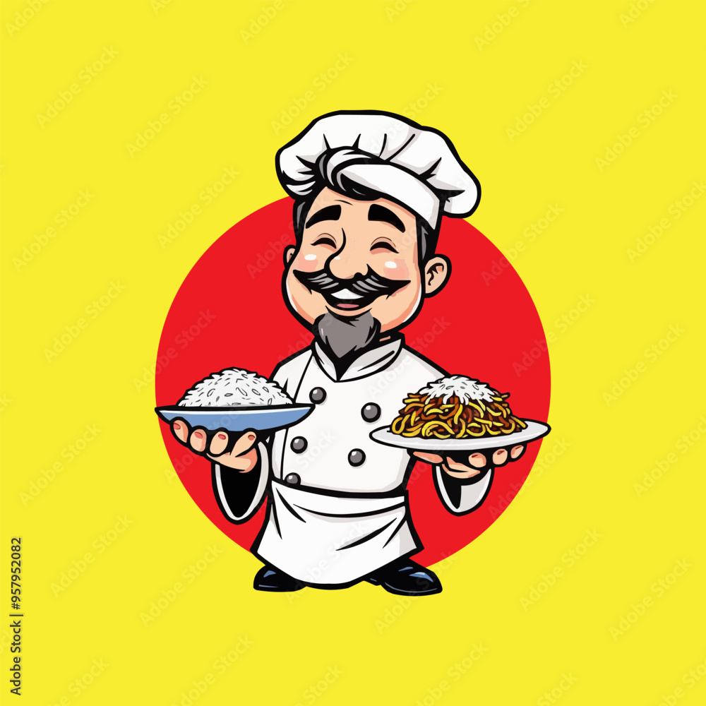 chef mascot logo design. Chef Design vector Logo illustration, Restaurant logo. Cartoon smiling chef character with food chef mascot logo design. Chef Design vector Logo illustration, Restaurant logo. Cartoon smiling chef character with food