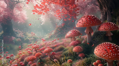 Red mushrooms in the fey wild. Pink leaves on trees, pale green grass. Generative AI.