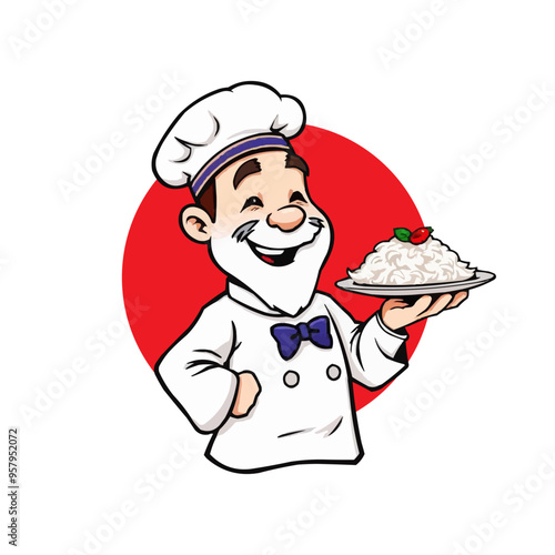 chef mascot logo design. Chef Design vector Logo illustration, Restaurant logo. Cartoon smiling chef character with food 