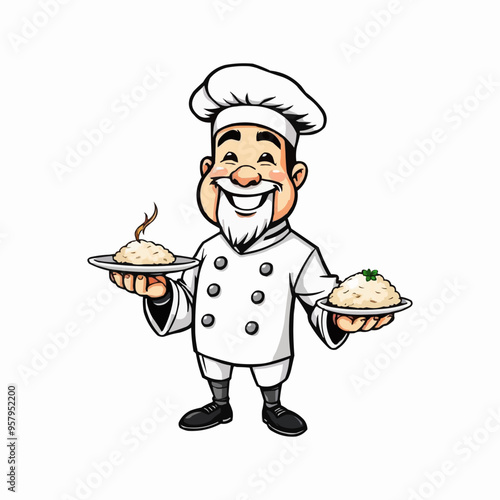 chef mascot logo design. Chef Design vector Logo illustration, Restaurant logo. Cartoon smiling chef character with food 