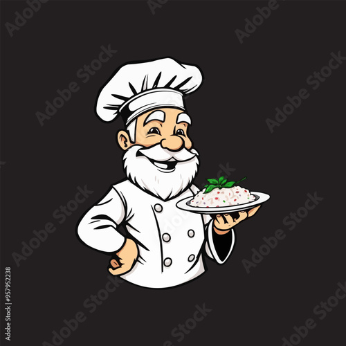 chef mascot logo design. Chef Design vector Logo illustration, Restaurant logo. Cartoon smiling chef character with food 