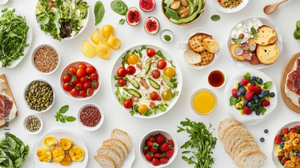Numerous nutritious foods arranged in a flat, white tablecloth Numerous nutritious foods arranged in a flat, white tablecloth