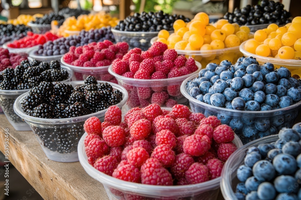A market display featuring a variety of berries, including raspberries, blueberries A market display featuring a variety of berries, including raspberries, blueberries