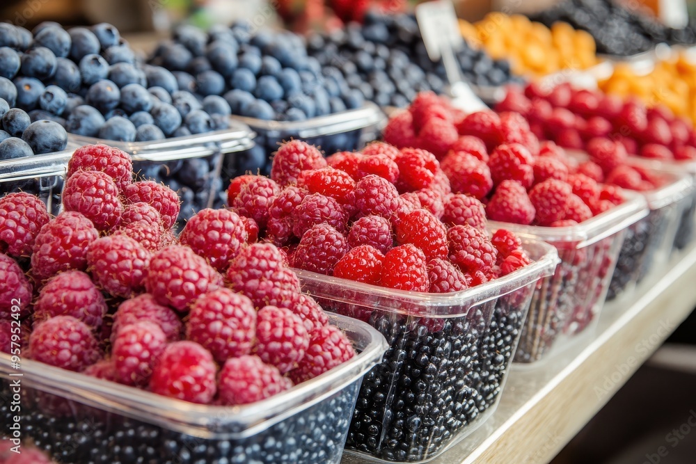 A market display featuring a variety of berries, including raspberries, blueberries A market display featuring a variety of berries, including raspberries, blueberries
