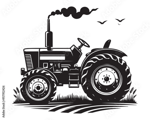 A tractor Vector black clipart isolated on a white background, A farm Tractor Silhouette
