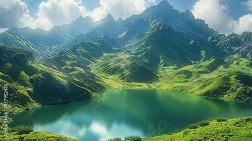 Fototapeta Naklejka Na Ścianę i Meble -  The green lake, surrounded by towering peaks, is located on an isolated mountain peak. Generative AI.