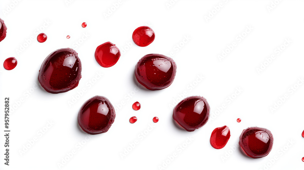 Blood splatter and drops isolated on a white background, representing the concept of occupational injury with a dramatic and stark visual impact Blood splatter and drops isolated on a white background, representing the concept of occupational injury with a dramatic and stark visual impact