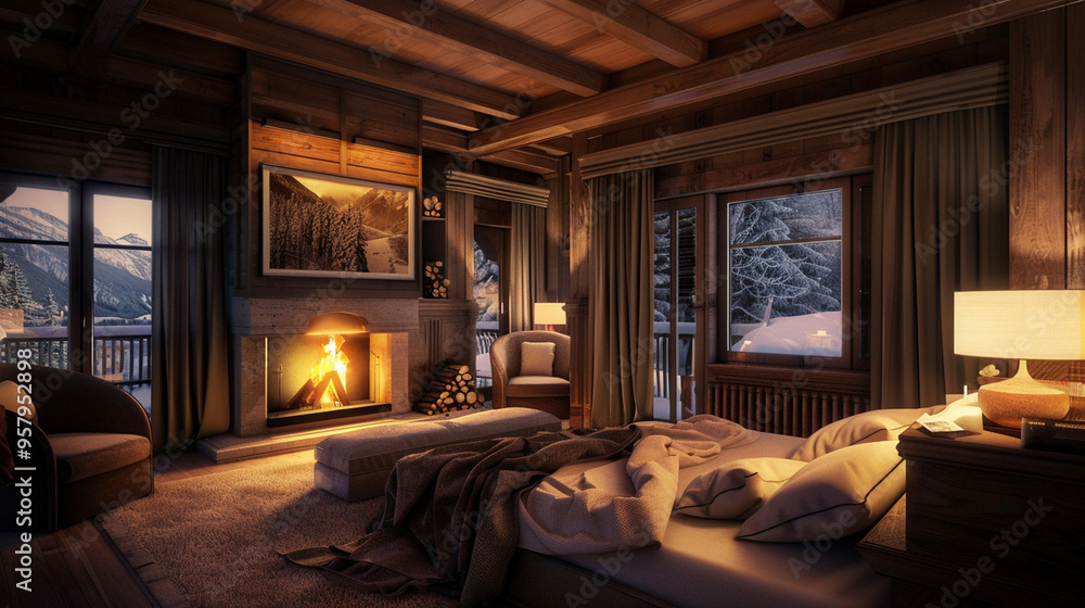 Cozy hotel room with a fireplace, Warm lighting, Plush furniture, Soft blankets and pillows, Intimate and comfortable setting. Cozy hotel room with a fireplace, Warm lighting, Plush furniture, Soft blankets and pillows, Intimate and comfortable setting.