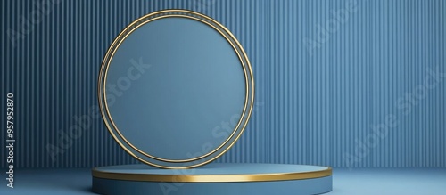 Blue cylindrical podium with a gold border and circular accent on a blue background Abstract minimalist 3D geometric object for product display 3D rendering photo