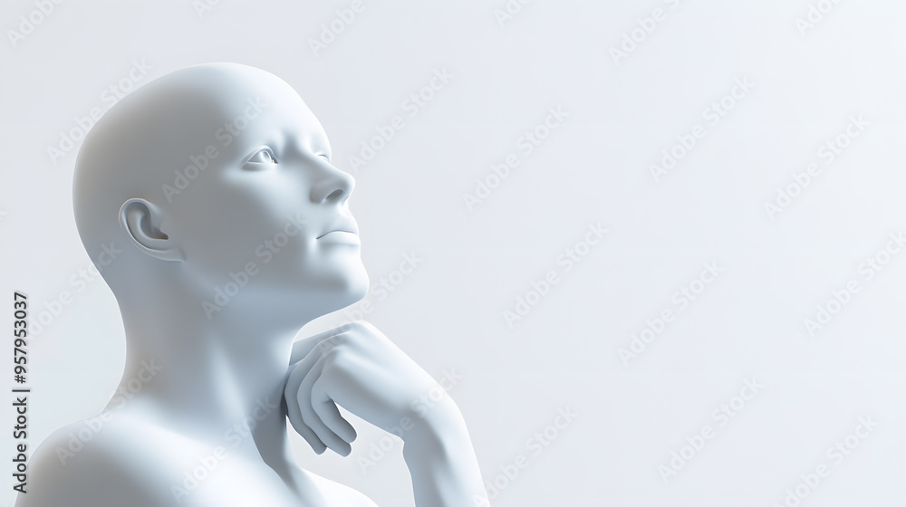 Thinking humanoid robot side view with white copy space for text, isolated on white background. Thinking humanoid robot side view with white copy space for text, isolated on white background.