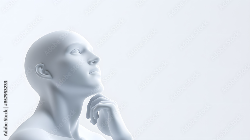 Thinking humanoid robot side view with white copy space for text, isolated on white background. Thinking humanoid robot side view with white copy space for text, isolated on white background.