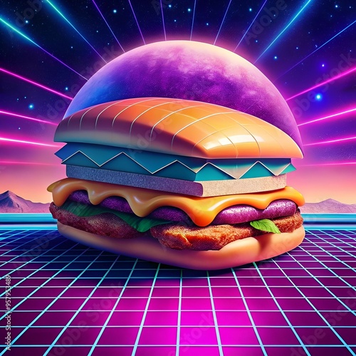 A vibrant 3D illustration of a Po Boy sandwich. rendered in a retro futuristic style against a backdrop of a neon lit landscape. photo