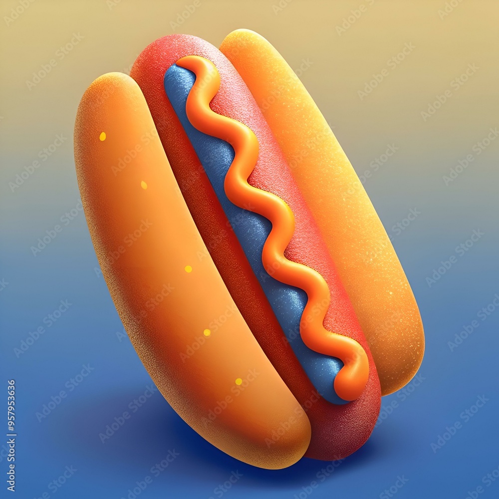 Cute 3D illustration of a hotdog with mustard on a blue background. Cute 3D illustration of a hotdog with mustard on a blue background.