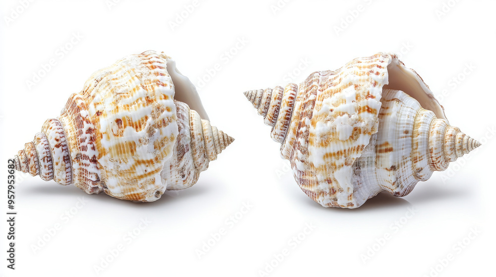 Both sides of a sea shell displayed against a white background, showcasing the intricate patterns and natural beauty of the shell from different angles Both sides of a sea shell displayed against a white background, showcasing the intricate patterns and natural beauty of the shell from different angles