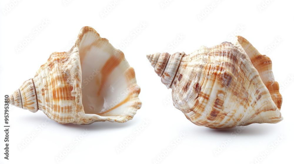 Both sides of a sea shell displayed against a white background, showcasing the intricate patterns and natural beauty of the shell from different angles Both sides of a sea shell displayed against a white background, showcasing the intricate patterns and natural beauty of the shell from different angles