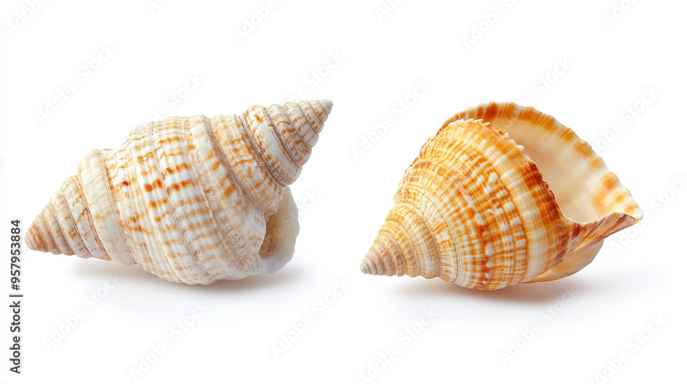 Both sides of a sea shell displayed against a white background, showcasing the intricate patterns and natural beauty of the shell from different angles Both sides of a sea shell displayed against a white background, showcasing the intricate patterns and natural beauty of the shell from different angles