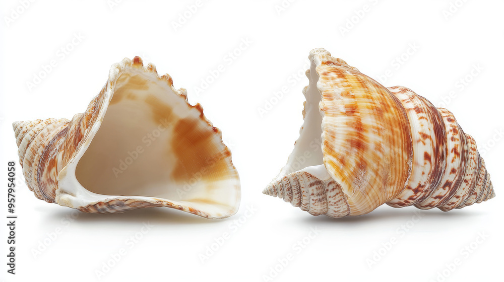 Both sides of a sea shell displayed against a white background, showcasing the intricate patterns and natural beauty of the shell from different angles Both sides of a sea shell displayed against a white background, showcasing the intricate patterns and natural beauty of the shell from different angles