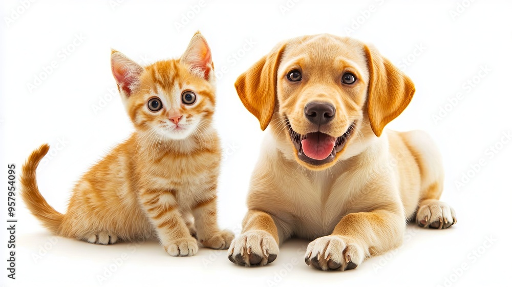 A dog and a cat are sitting next to each other A dog and a cat are sitting next to each other