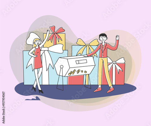 Lucky people winning prize draw. Lottery winners turning raffle drum and getting gift boxes. Vector illustration for fortune, gambling, lotto, success concept