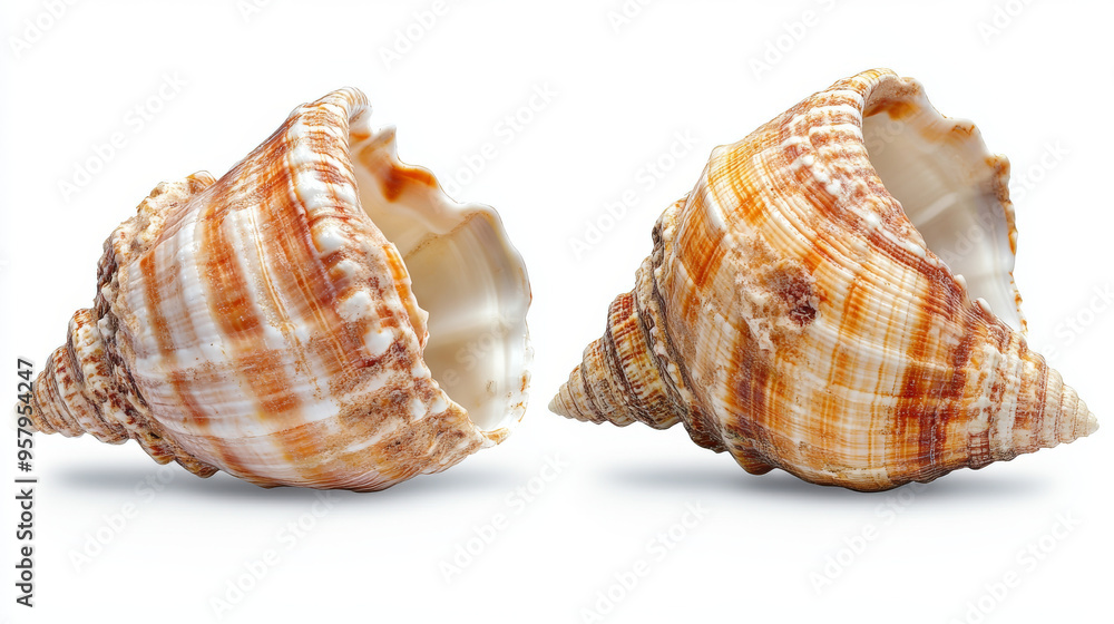 Both sides of a sea shell displayed against a white background, showcasing the intricate patterns and natural beauty of the shell from different angles Both sides of a sea shell displayed against a white background, showcasing the intricate patterns and natural beauty of the shell from different angles