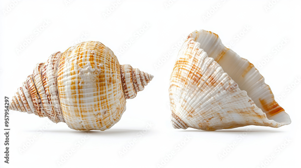 Fototapeta premium Both sides of a sea shell displayed against a white background, showcasing the intricate patterns and natural beauty of the shell from different angles