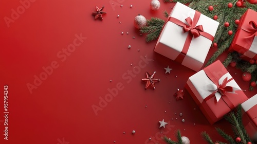 Festive holiday greetings and well wishes gift box for seasonal decor promotional offer with blank area 3D rendered sales banner design