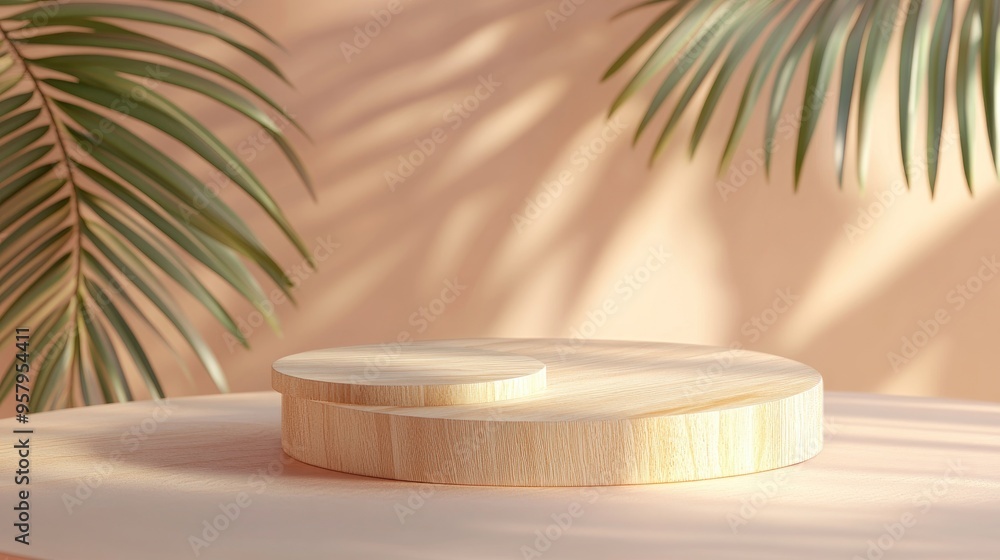 Wooden podium featuring ample space for product display against an abstract backdrop Minimalist podium design concept Mockup of wooden podium Space for text Banner Cosmetic presentation 3D rendered Wooden podium featuring ample space for product display against an abstract backdrop Minimalist podium design concept Mockup of wooden podium Space for text Banner Cosmetic presentation 3D rendered