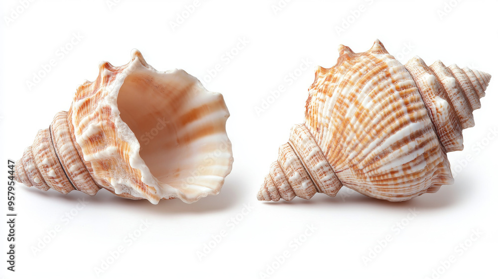 Both sides of a sea shell displayed against a white background, showcasing the intricate patterns and natural beauty of the shell from different angles Both sides of a sea shell displayed against a white background, showcasing the intricate patterns and natural beauty of the shell from different angles