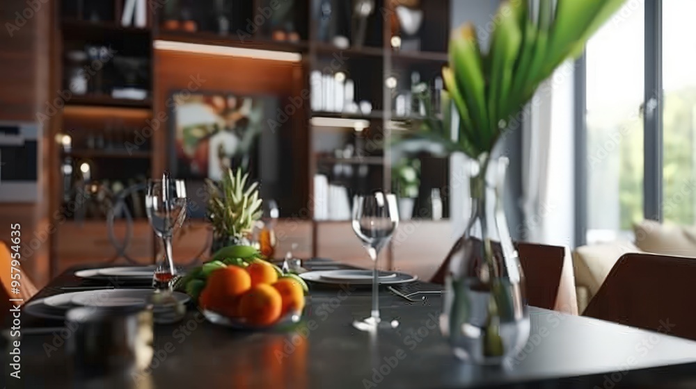 Chic Black and Brown Dining Room: Sleek Table, Modern Chairs, and Artistic Decor Chic Black and Brown Dining Room: Sleek Table, Modern Chairs, and Artistic Decor