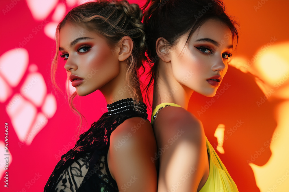 Elegant models in vibrant lighting for editorial shoot Elegant models in vibrant lighting for editorial shoot