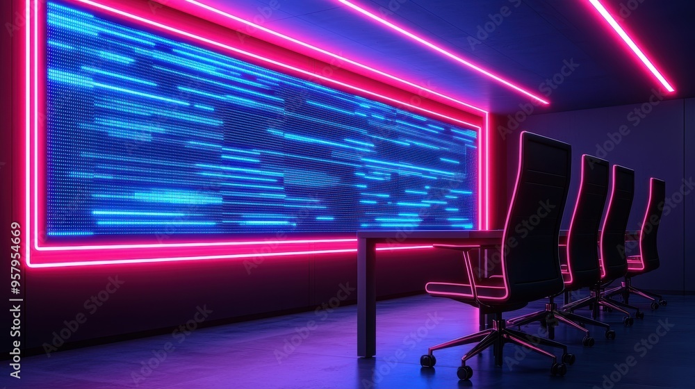 Futuristic Investment Strategies on Transparent Holographic Screens in Modern Tech Boardroom with Blue Neon Tones and Copy Space, Selective Focus in Ultra HD Futuristic Investment Strategies on Transparent Holographic Screens in Modern Tech Boardroom with Blue Neon Tones and Copy Space, Selective Focus in Ultra HD